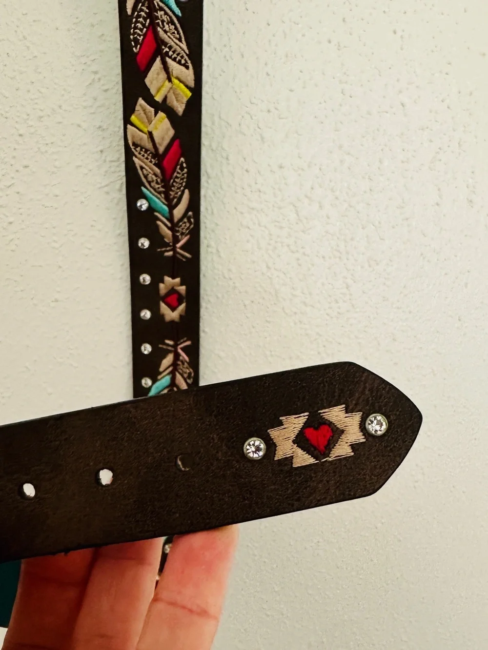 Catchfly Studio Embroidered Feather Leather Western Belt Brown Size M 29